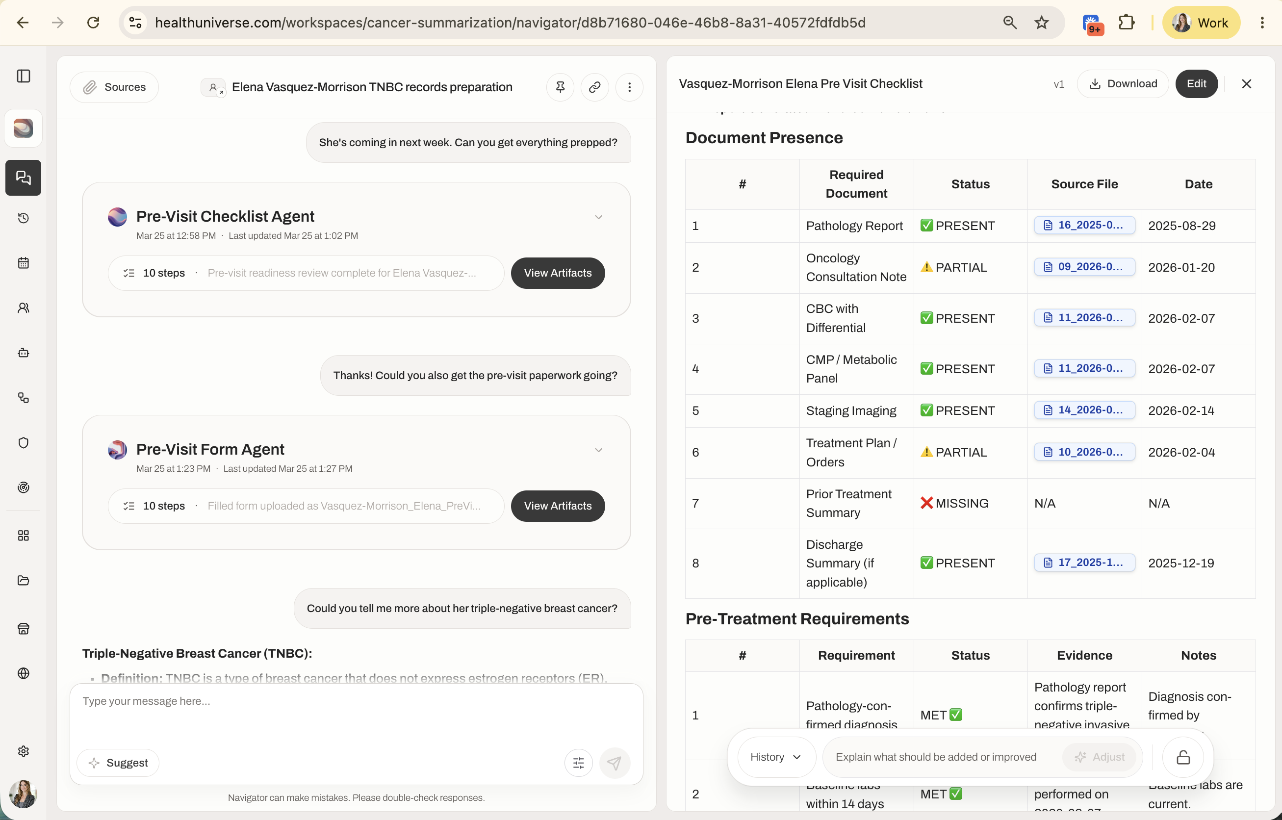 A pre-visit checklist agent run in the workspace — a prioritized, confirmed worklist of care gaps for the patient.