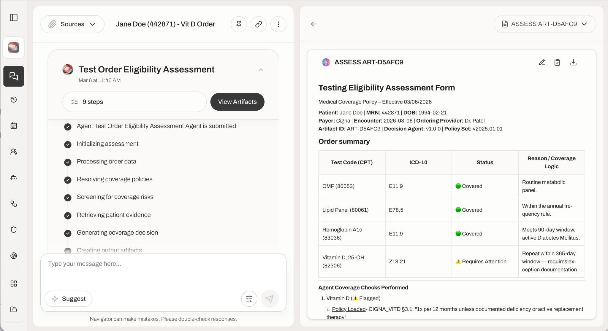 Navigator displaying a patient's assembled clinical context — prior results, diagnoses, and history — ahead of testing.