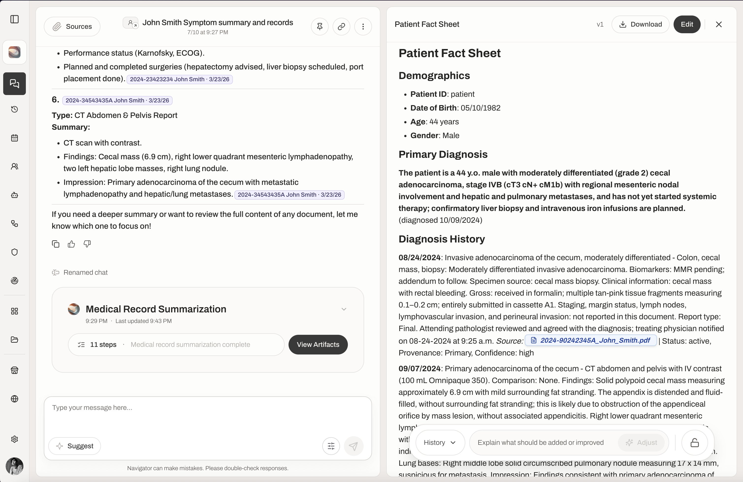 A Medical Record Summarization agent producing a cited patient fact sheet in the workspace.