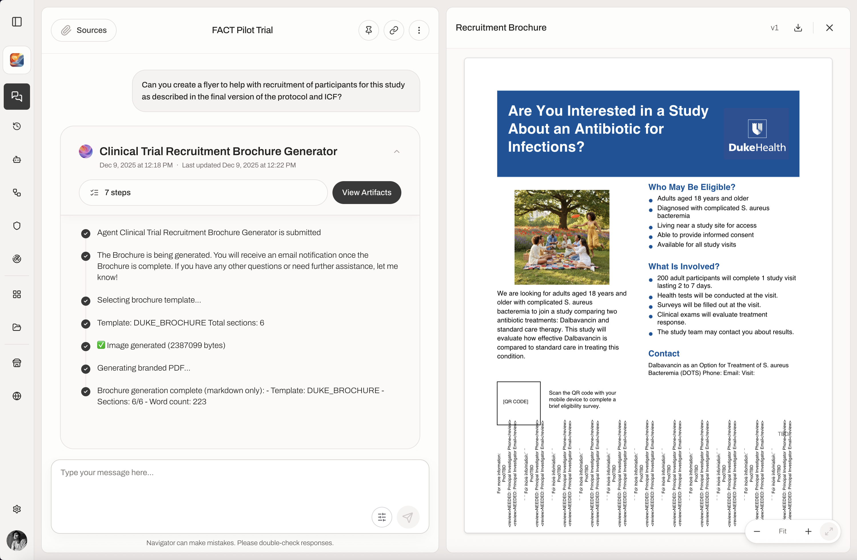 An agent generating a clinical-trial recruitment brochure in the workspace.
